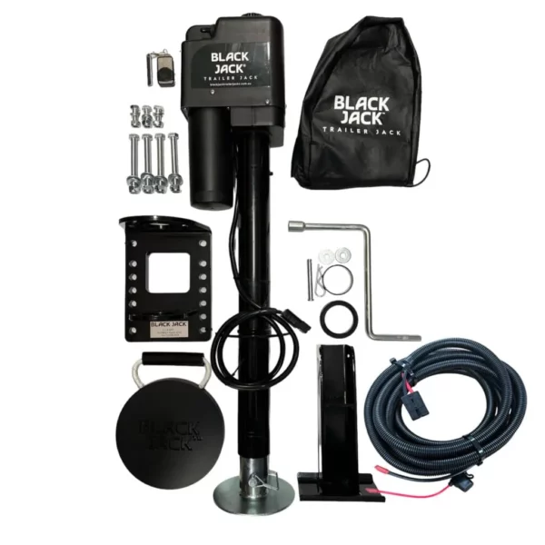 Black Jack Maxi (BJTJ-Maxi-1001) electric trailer jack kit: 2 000 kg lift capacity jack with clamp, folding and soft-ground feet, all-weather cover, manual handle, and pre-wired harness