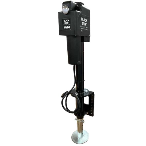 Black Jack Maxi 12 V electric trailer jack mounted via clamp with foot plate and visible power cable