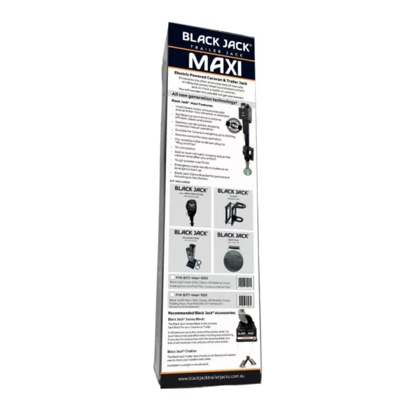 Black Jack Trailer Jack MAXI electric trailer jack packaging with highlighted product features and included accessories like all-weather cover, clamp, folding foot, and foot pad