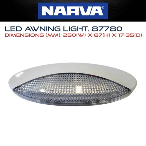 Narva 87780 LED 12V white awning light — slimline waterproof exterior light for caravans, camper trailers, and motorhomes