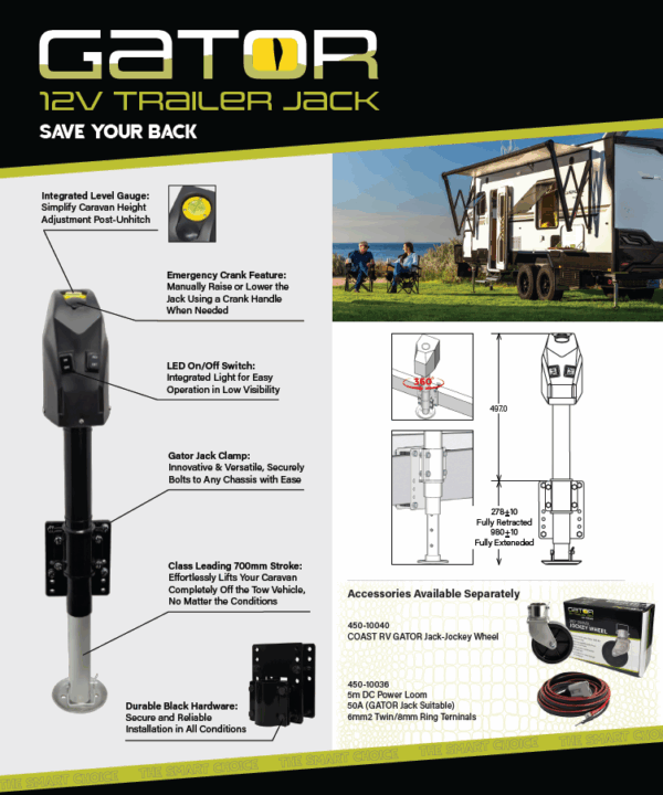 COAST RV GATOR 12 V electric trailer jack with heavy-duty clamp, 1800 kg lift, support foot — ideal for caravans and trailers